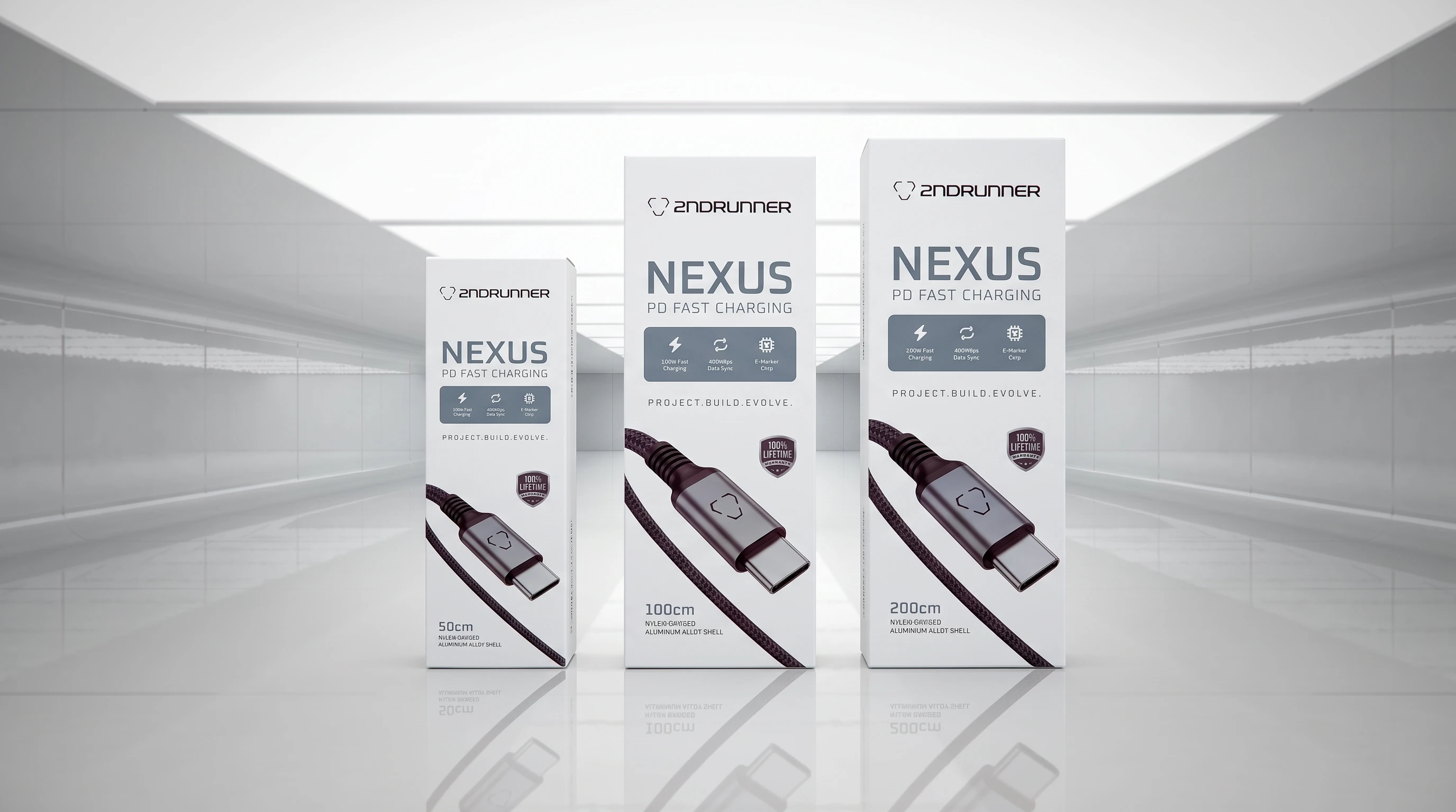 Le tre confezioni NEXUS da 50, 100 e 200 cm in un corridoio luminoso