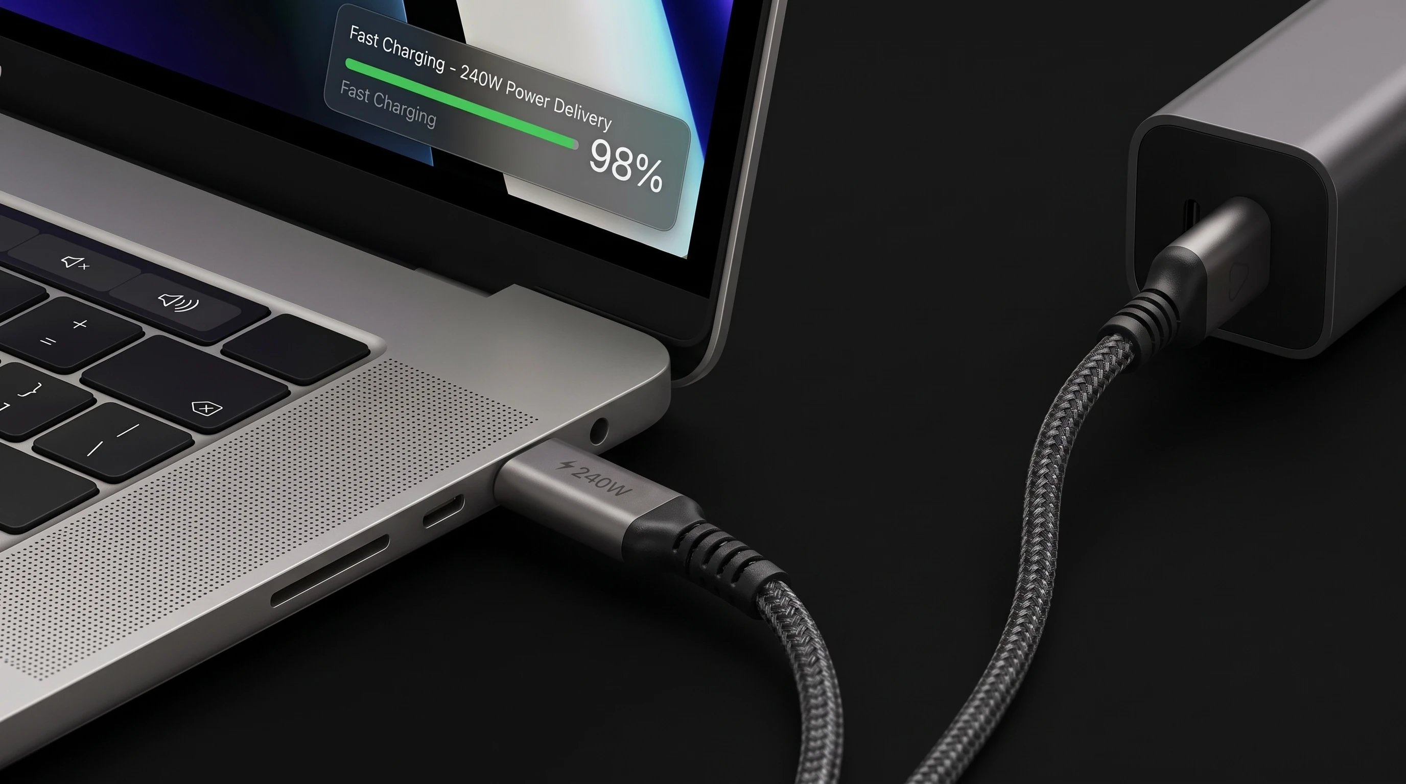 MacBook in ricarica con NEXUS collegato a un caricatore USB-C
